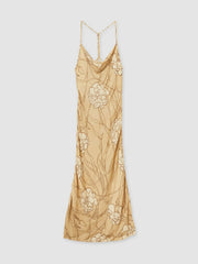 Satin Floral-Print Slip Maxi Dress in Gold | Reiss Discount