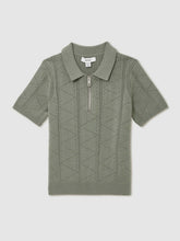 13-14 yrs Half-Zip Pointelle Polo Shirt in Sage | Reiss USA
