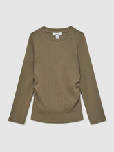 13-14 yrs Cotton Ruched Long-Sleeve T-Shirt with Stretch in Khaki | Reiss US