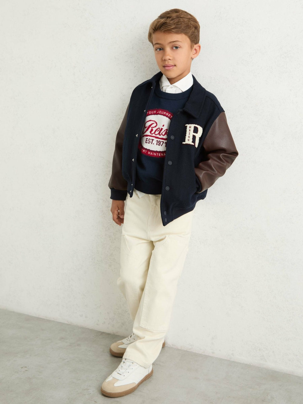 3-9 yrs Motor Cars Press-Stud Bomber Jacket in Navy/Brown | Reiss Near Me