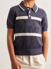 13-14 yrs Cotton Logo-Embossed Knit Polo Shirt in Indigo Blue/White | Reiss USA
