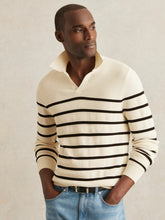 Cotton Blend Stripe Knit Polo Shirt in Warm Stone/Black | Reiss Onsale