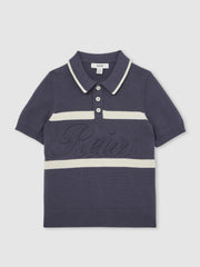 3-9 yrs Cotton Logo-Embossed Knit Polo Shirt in Indigo Blue/White | Reiss For Sale