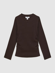 13-14 yrs Cotton Ruched Long-Sleeve T-Shirt with Stretch in Chocolate | Reiss