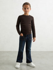 13-14 yrs Cotton Ruched Long-Sleeve T-Shirt with Stretch in Chocolate | Reiss