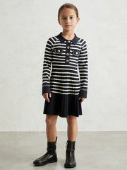 3-9 yrs Button-Detail Stripe Knitted Dress in Navy/White | Reiss For Sale