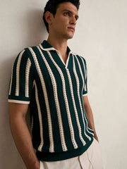 Cotton Blend Stripe Knit Polo Shirt in Dark Teal Green/Ecru | Reiss Discount