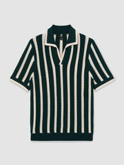 Cotton Blend Stripe Knit Polo Shirt in Dark Teal Green/Ecru | Reiss Discount