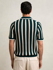 Cotton Blend Stripe Knit Polo Shirt in Dark Teal Green/Ecru | Reiss Discount