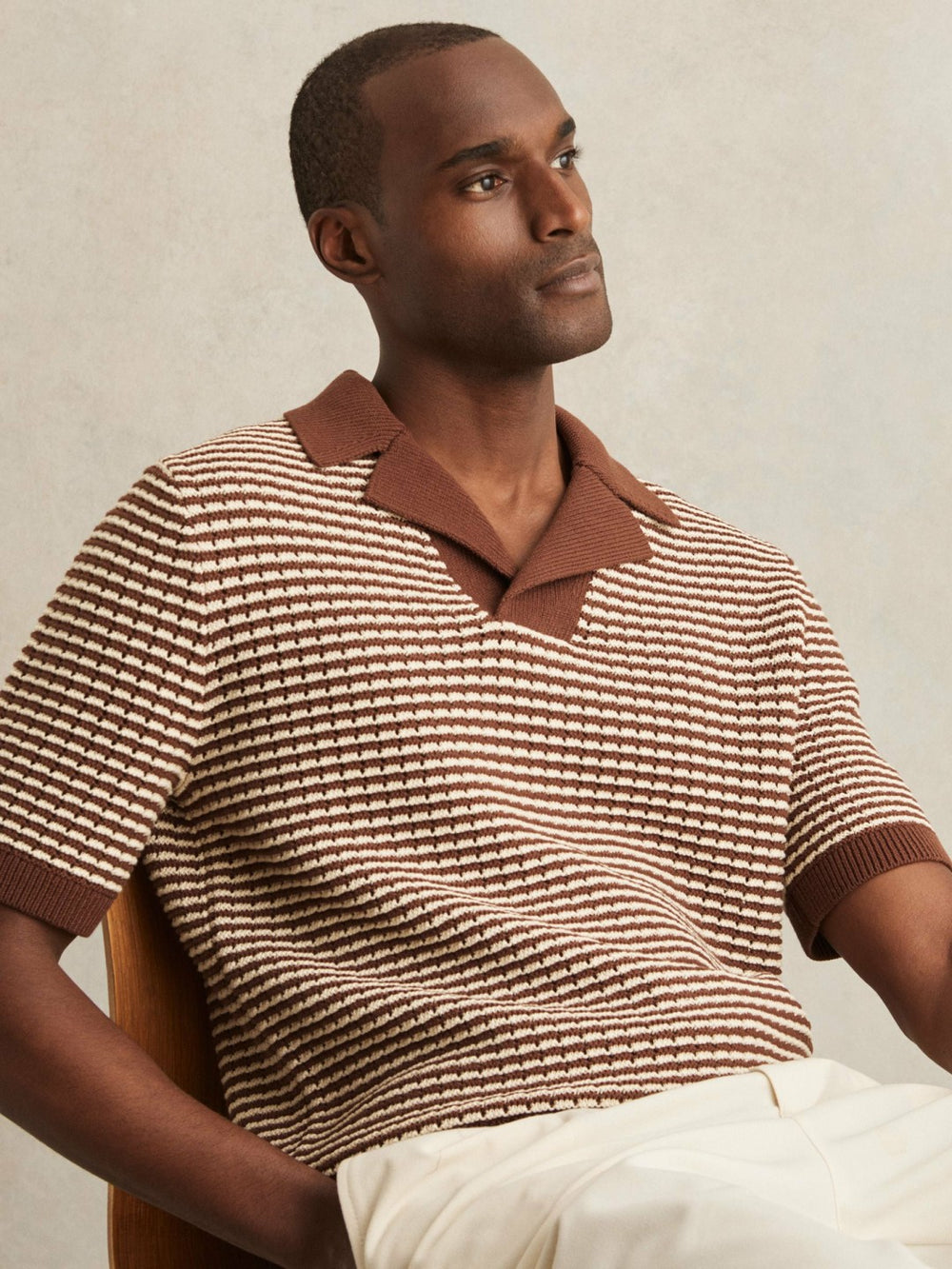 Cotton Textured Knit Stripe Polo Shirt in Tobacco Brown/ Off White | Reiss Near Me