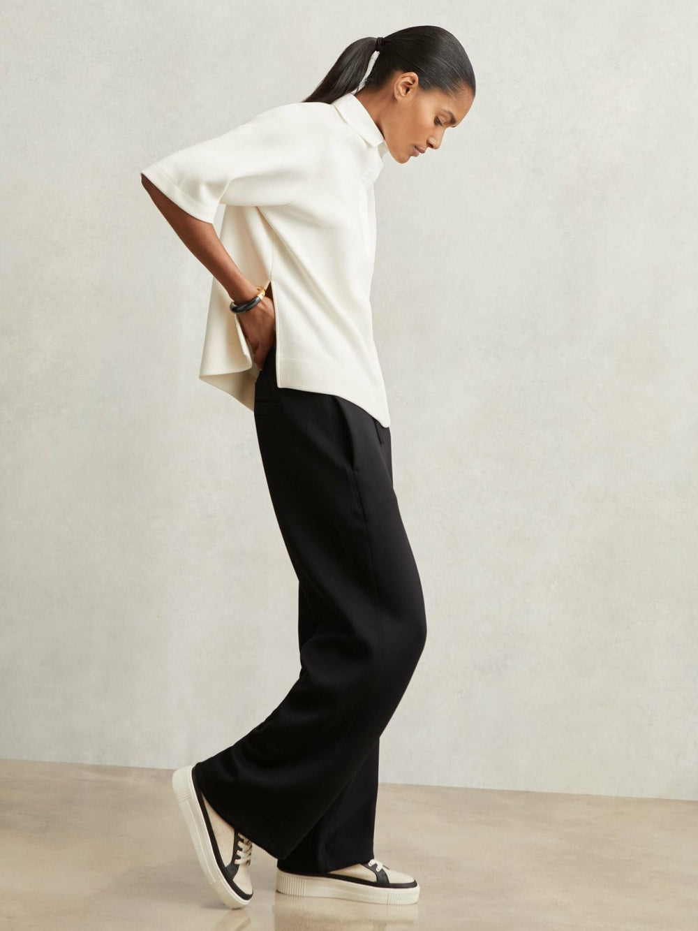 Petite Wide-Leg Interlock Drawstring Joggers in Black | Reiss Sale