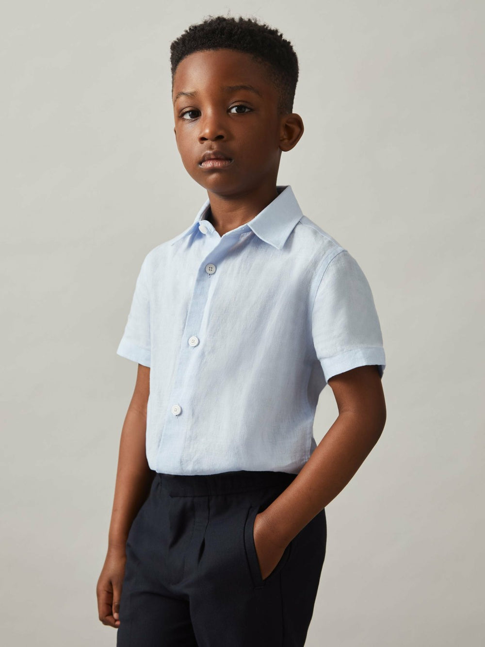 9-13 yrs Short Sleeve Linen Shirt in Pale Blue | Reiss For Sale