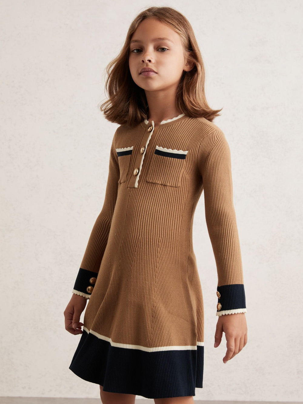 9-13 yrs Scallop-Trim Rib-Knit Dress in Camel | Reiss Onsale