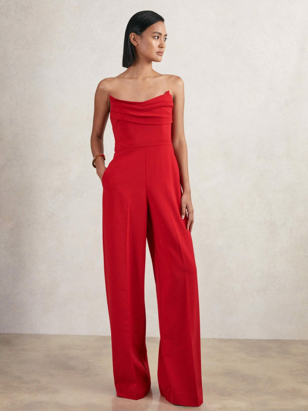 Structured Strapless Wide-Leg Jumpsuit in Red | Reiss Sale