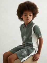 13-14 yrs Chenille Tipped Motor Cars Shorts in Dark Sage Green/White | Reiss US