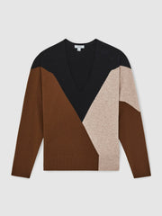 Wool-Blend Colourblock Knit Jumper with Cashmere in Toffee Brown/Navy/Neutral | Reiss Onsale