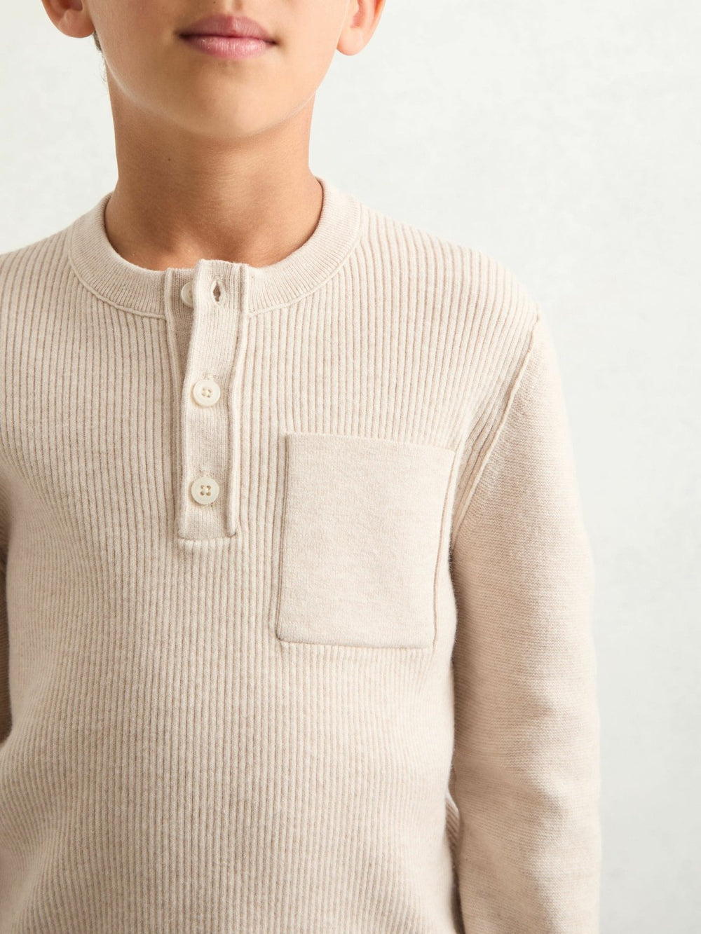 9-13 yrs Cotton-Blend Rib-Knit Henley Top in Oatmeal Melange | Reiss Near Me