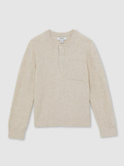 9-13 yrs Cotton-Blend Rib-Knit Henley Top in Oatmeal Melange | Reiss Near Me