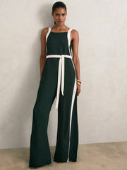 Petite Colourblock Wide Leg Belted Jumpsuit in Dark Green/Cream | Reiss Sale