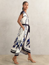 Scarf-Print V-Neck Belted Midi Dress in Blue/Brown | Reiss USA