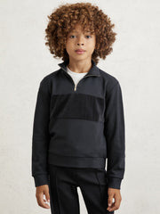 9-13 yrs Slim Fit Half-Zip Funnel Neck Velour Sweatshirt in Navy Blue | Reiss Discount