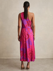 Paisley-Print One-Shoulder Midi Dress in Pink | Reiss USA