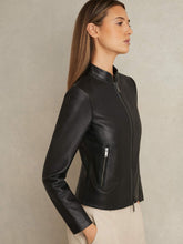 Leather Collarless Biker Jacket in Black | Reiss For Sale