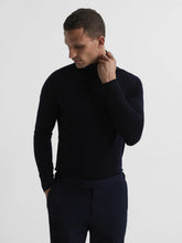 Slim Fit Merino Wool Roll Neck Jumper in Navy | Reiss US