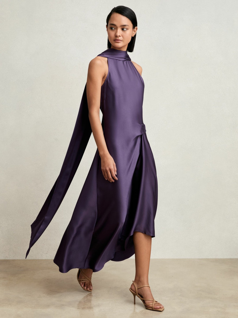 Satin Tuck-Detail Cape Midi Dress in Purple | Reiss USA