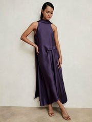 Satin Tuck-Detail Cape Midi Dress in Purple | Reiss USA