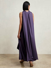 Satin Tuck-Detail Cape Midi Dress in Purple | Reiss USA