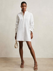 Cotton Gathered Cut-Out Shirt Dress with Stretch in Ivory | Reiss Discount