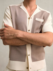 Colour-Block Cuban-Collar Knit Shirt in Taupe Brown/Light Stone | Reiss Near Me