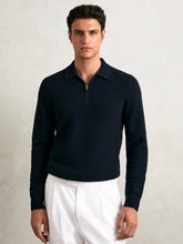 Wool Waffle-Knit Half-Zip Polo Shirt in Navy | Reiss Discount