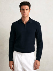 Wool Waffle-Knit Half-Zip Polo Shirt in Navy | Reiss Discount
