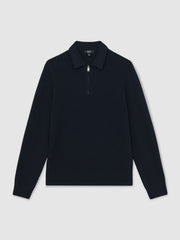 Wool Waffle-Knit Half-Zip Polo Shirt in Navy | Reiss Discount