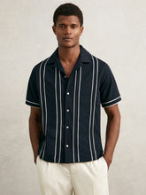 Piped-Stripe Cuban-Collar Shirt in Navy/White | Reiss Onsale