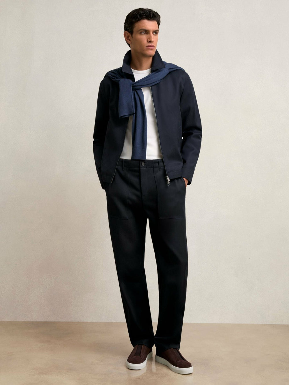 Lyocell Cotton Wide Utility Trousers in Navy | Reiss