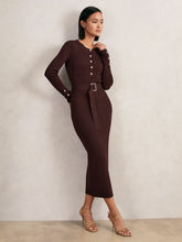 Buttoned Rib-Knit Midi Dress in Burgundy | Reiss Near Me