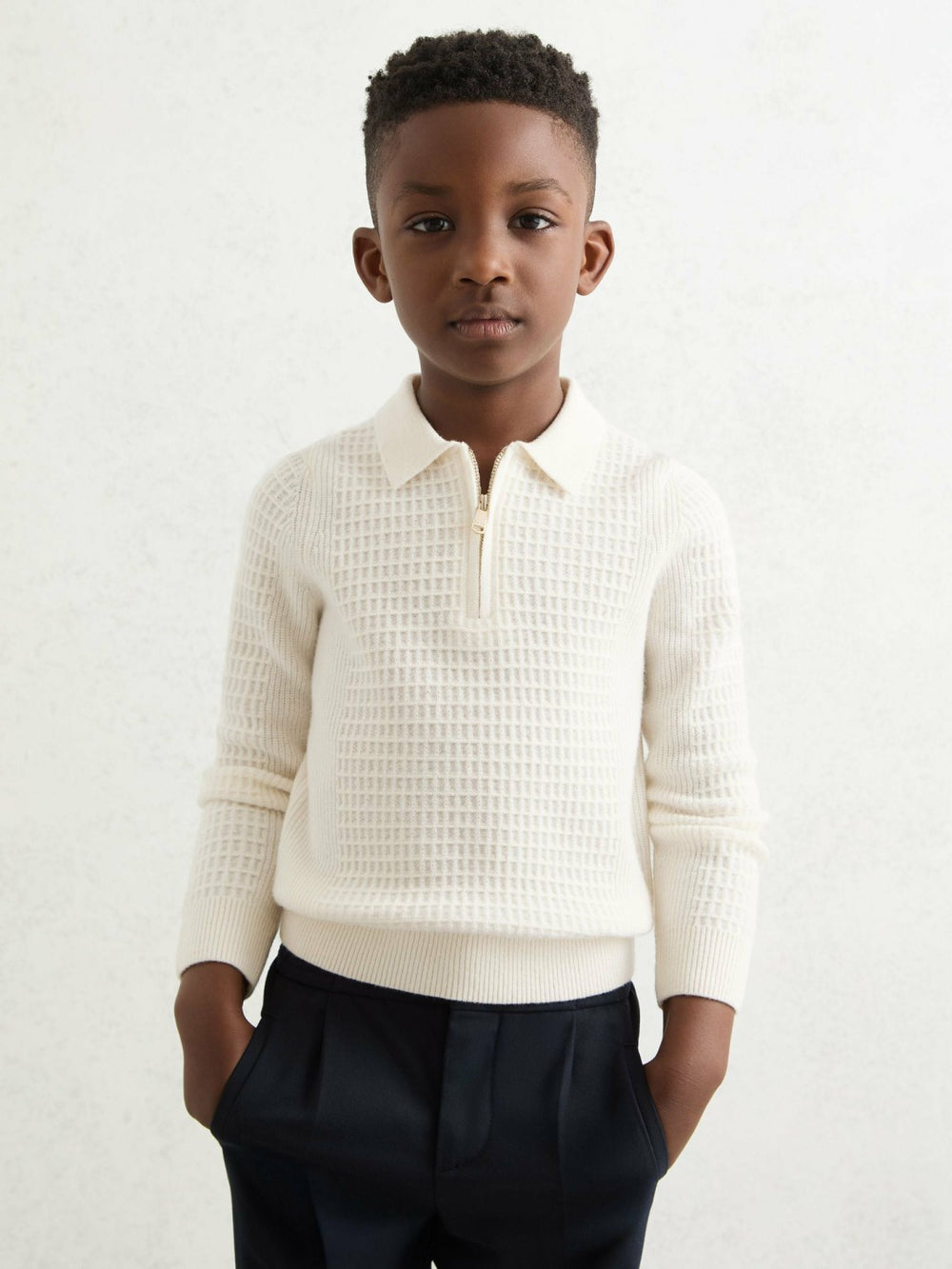 3-9 yrs Wool Waffle-Knit Half-Zip Polo Shirt in Off White | Reiss Sale