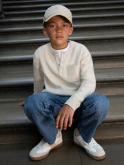 3-9 yrs Cotton-Blend Rib-Knit Henley Top in Oatmeal Melange | Reiss