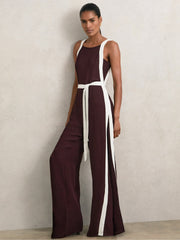 Colourblock Wide Leg Belted Jumpsuit in Burgundy/Cream | Reiss