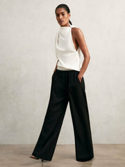 Wide-Leg Contrast-Waistband Trousers in Black | Reiss Near Me