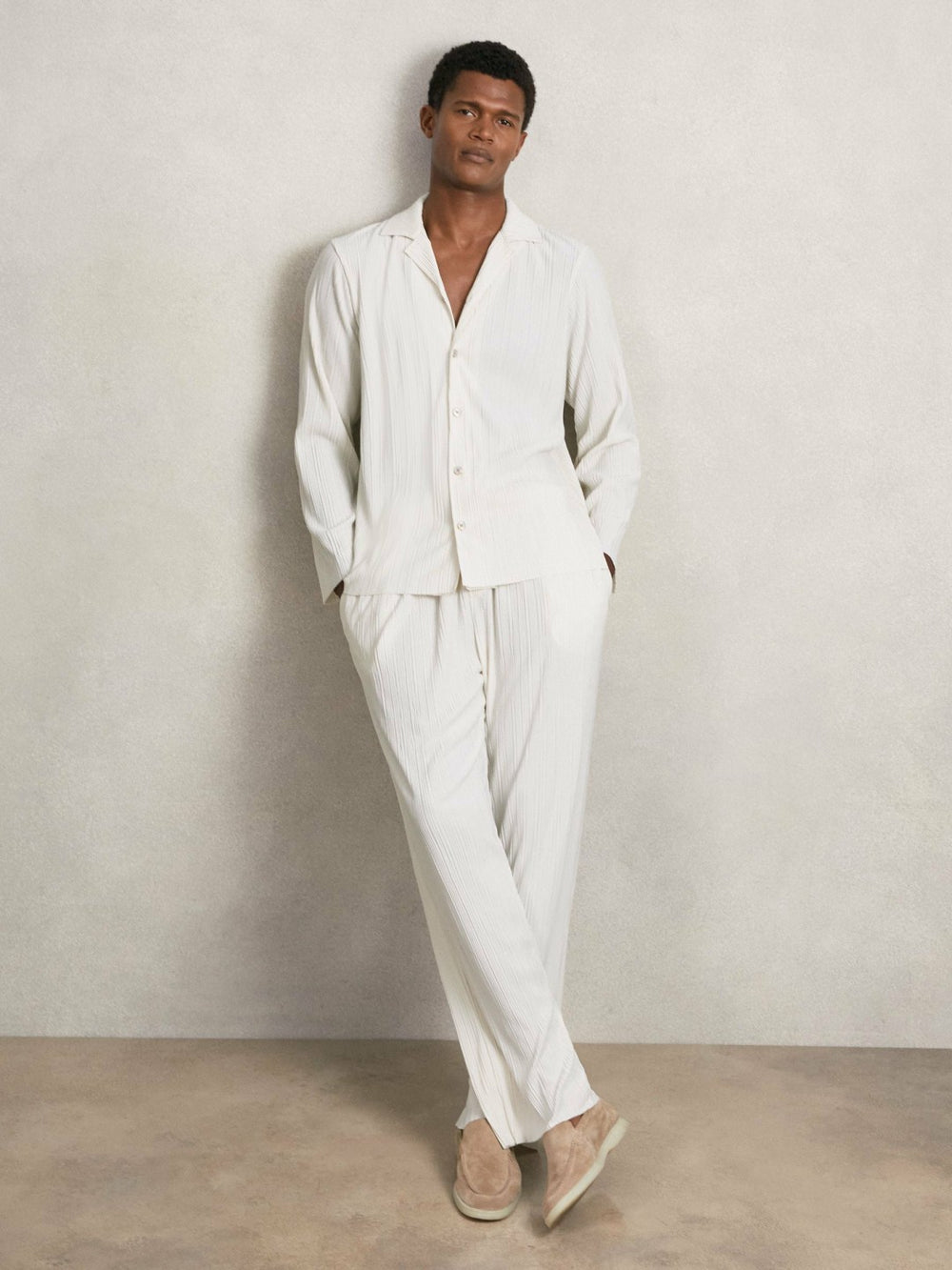 Plissé Cuban-Collar Long-Sleeve Shirt in Off White | Reiss For Sale