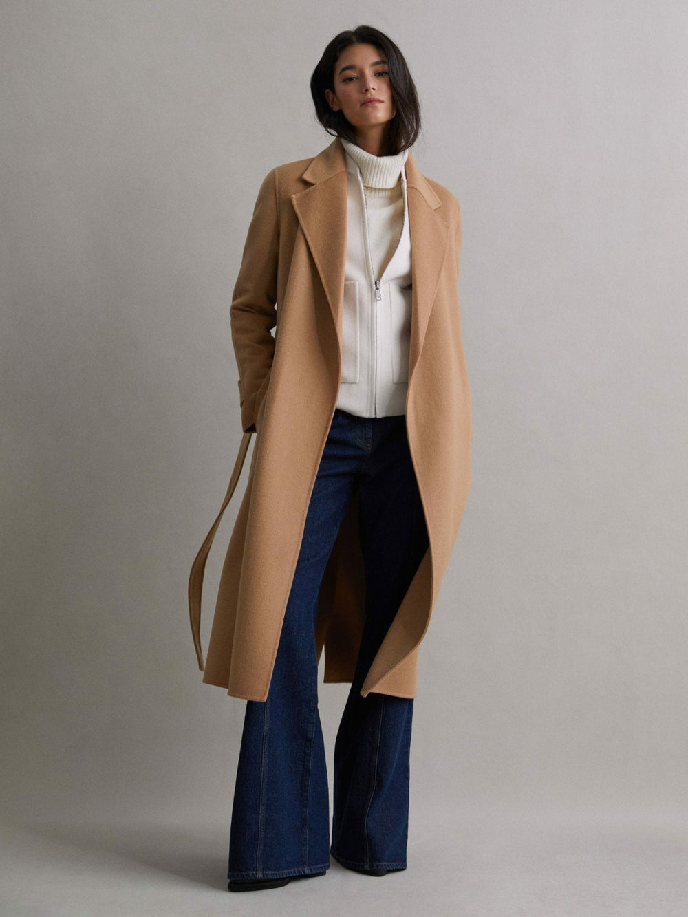 Wool Blend Belted Blindseam Coat in Camel | Reiss US