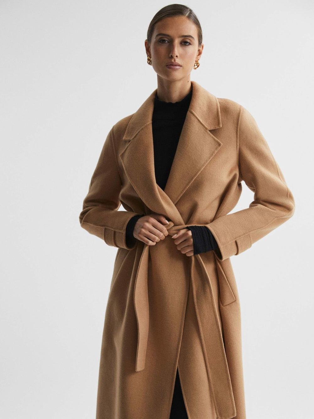 Wool Blend Belted Blindseam Coat in Camel | Reiss US