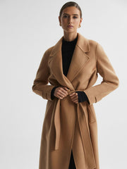 Wool Blend Belted Blindseam Coat in Camel | Reiss US