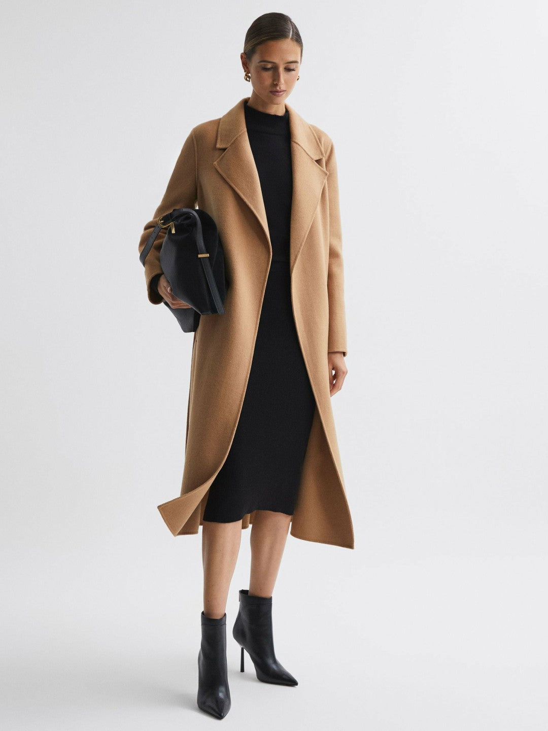 Wool Blend Belted Blindseam Coat in Camel | Reiss US