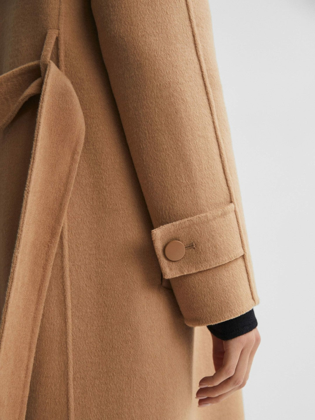 Wool Blend Belted Blindseam Coat in Camel | Reiss US