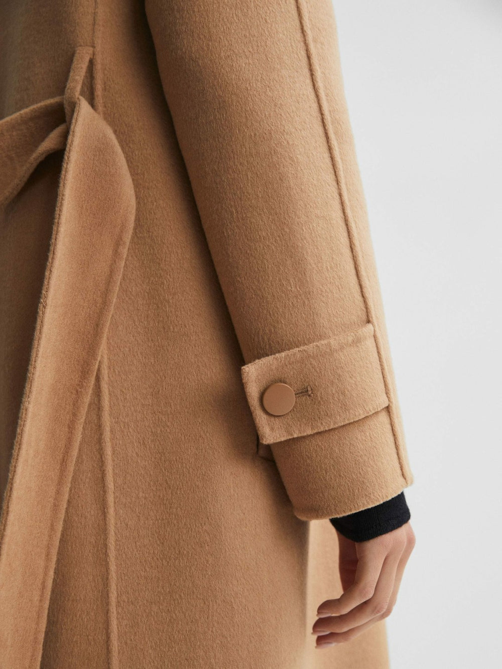 Wool Blend Belted Blindseam Coat in Camel | Reiss US